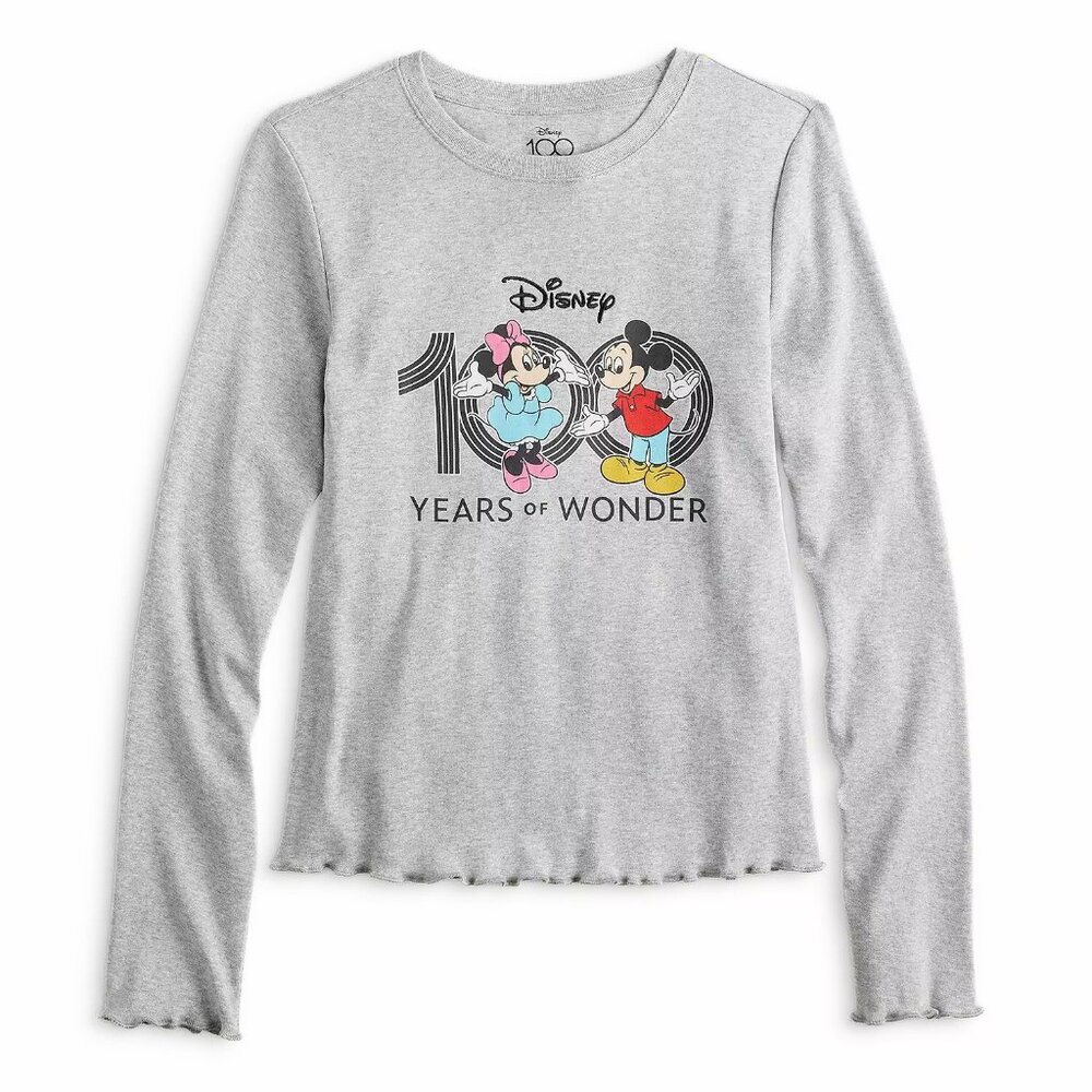 Minnie and Mickey Disney 100 Years of Wonder Long Sleeve Heather Gray Tee Jr XL